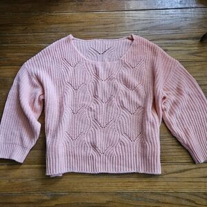 Pink Open-Knit Heart Pattern Women's Sweater